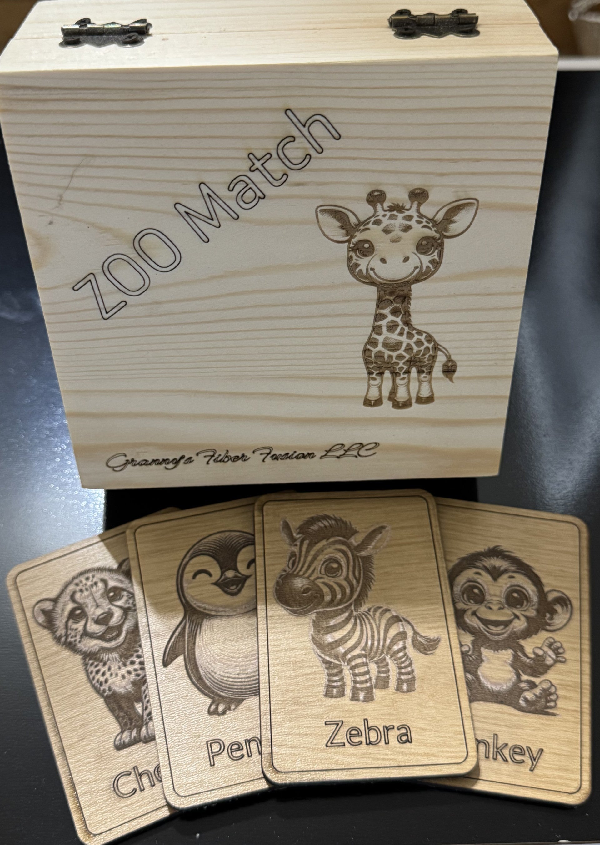 Zoo Match laser engraved wooden memory game with animal cards and keepsake box